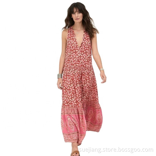 Summer Beach Deep V-neck Sleeveless Flower Printing Dress